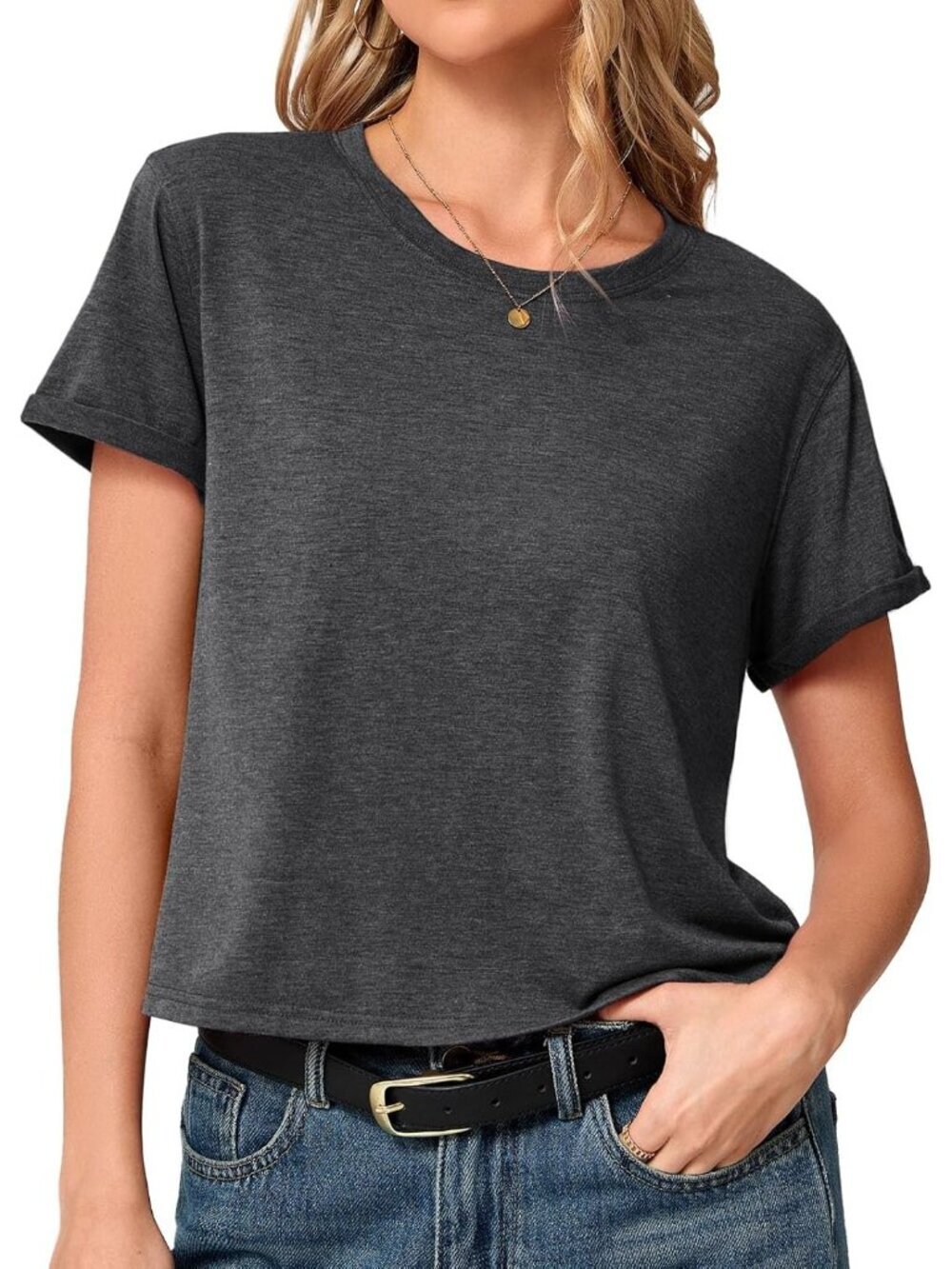 Women's Black Summer Short Sleeve Crewneck Crop Casual and Flowy Style T Shirt